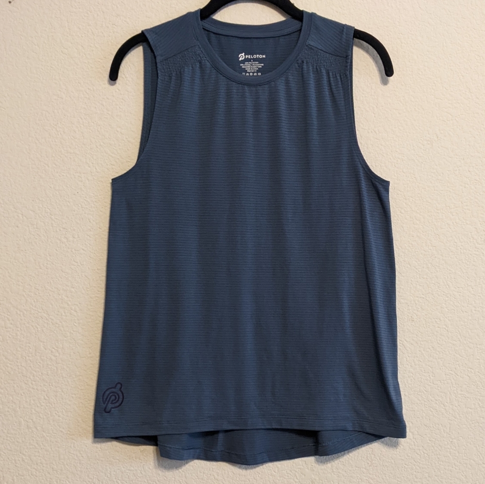 Peloton Blue Micro-stiped Cinch Shoulder Tank Top Size Small EUC